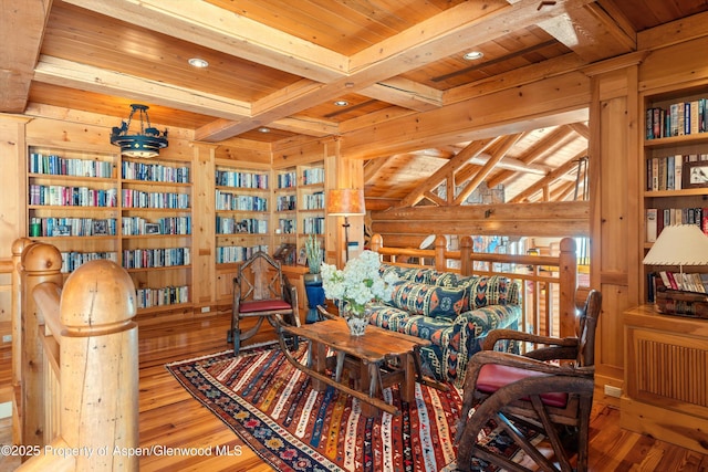sitting room with beamed ceiling, wooden ceiling, recessed lighting, and wood-type flooring