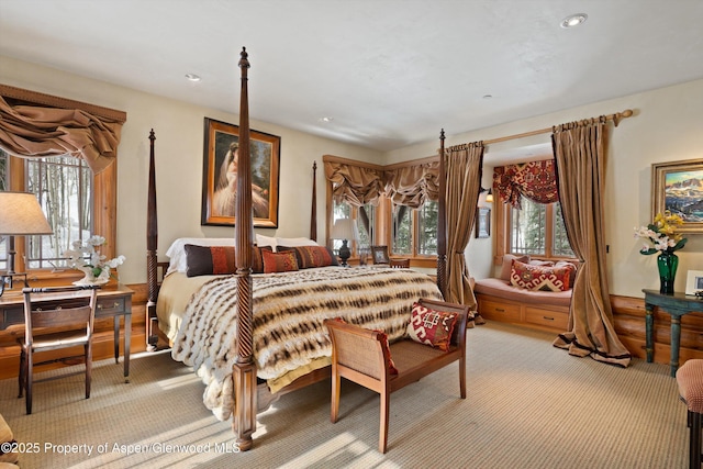 bedroom with recessed lighting and light colored carpet