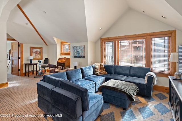 carpeted living room featuring lofted ceiling, baseboards, and recessed lighting