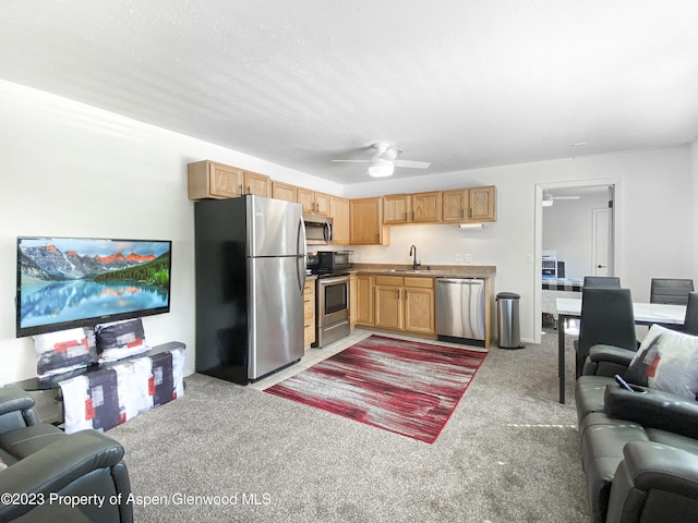 kitchen with a ceiling fan, a sink, open floor plan, stainless steel appliances, and light colored carpet