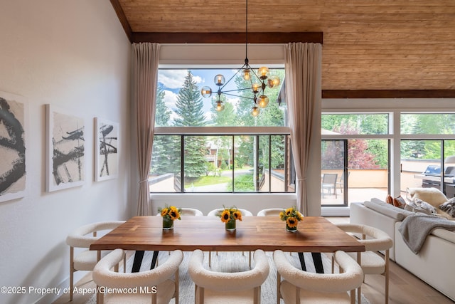 65 Harleston Grn Unit 51, Snowmass Village, CO 81615 - dining area with wooden ceiling, healthy amount of natural light, and a chandelier