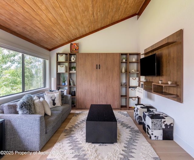 65 Harleston Grn Unit 51, Snowmass Village, CO 81615 - living room with lofted ceiling, wood ceiling, crown molding, and light wood finished floors