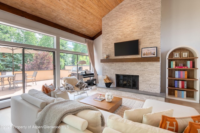 65 Harleston Grn Unit 51, Snowmass Village, CO 81615 - living room featuring high vaulted ceiling, wood ceiling, and a stone fireplace