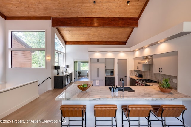 65 Harleston Grn Unit 51, Snowmass Village, CO 81615 - kitchen featuring wood ceiling, a peninsula, light wood-style floors, gray cabinetry, and tasteful backsplash