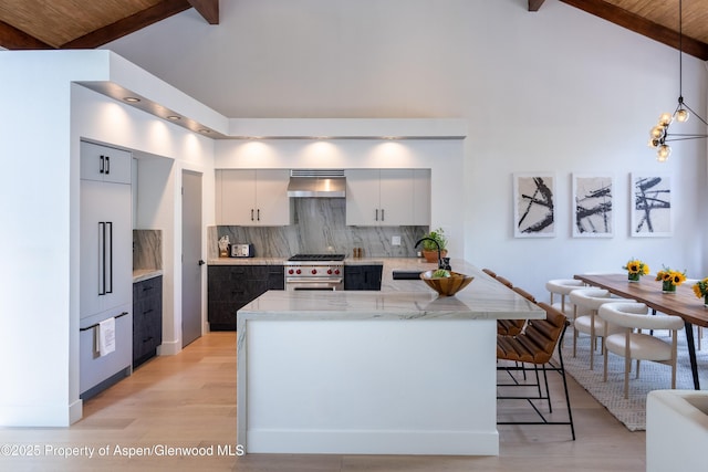 65 Harleston Grn Unit 51, Snowmass Village, CO 81615 - kitchen featuring high end stove, decorative backsplash, exhaust hood, beamed ceiling, and a breakfast bar