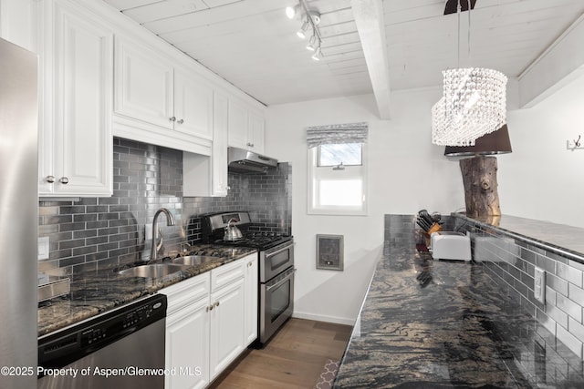 630 E Cooper Ave Unit 4, Aspen, CO 81611 - kitchen with appliances with stainless steel finishes, under cabinet range hood, a sink, backsplash, and white cabinetry