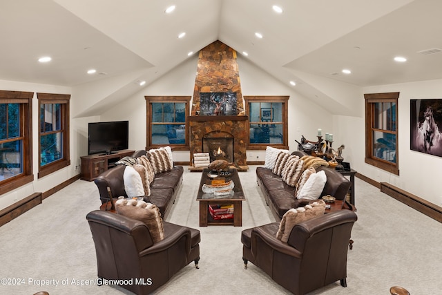 564 Larkspur Dr, Carbondale, CO 81623 - living area with recessed lighting, light colored carpet, vaulted ceiling, baseboards, and a fireplace