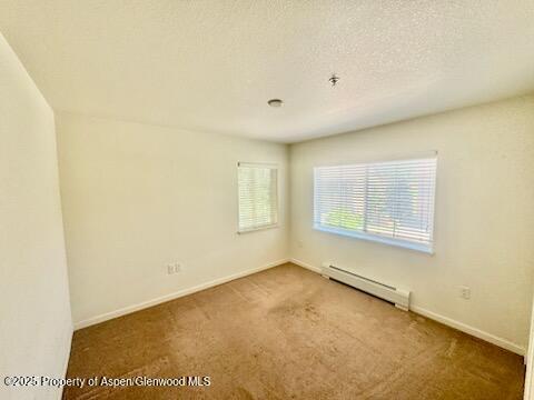 612 River View Dr Unit 804, New Castle, CO 81647 - spare room with baseboard heating, carpet flooring, and a textured ceiling