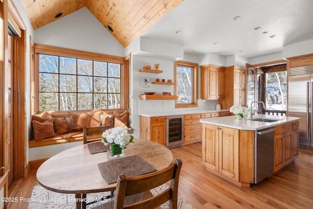 kitchen featuring wine cooler, sink, wood ceiling, appliances with stainless steel finishes, and an island with sink