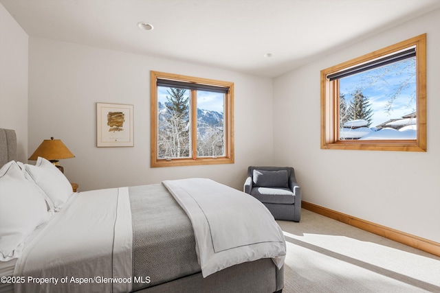 bedroom with light carpet