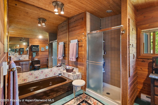 1789 Medicine Bow Rd, Aspen, CO 81611 - bathroom featuring wood ceiling, wooden walls, a shower stall, a whirlpool tub, and a baseboard heating unit