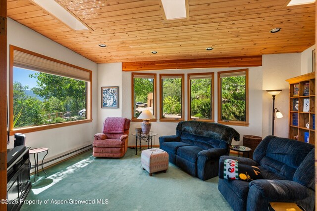 1789 Medicine Bow Rd, Aspen, CO 81611 - living area featuring a skylight, a baseboard heating unit, wooden ceiling, carpet flooring, and recessed lighting