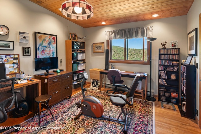 1789 Medicine Bow Rd, Aspen, CO 81611 - home office with wood ceiling, wood finished floors, and recessed lighting
