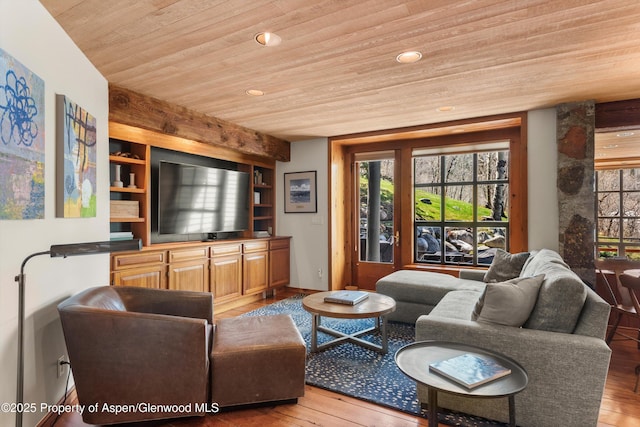 172 Deer Ridge Ln, Snowmass Village, CO 81615 - living area with wood-type flooring, wood ceiling, and recessed lighting