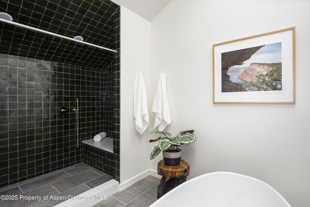 172 Deer Ridge Ln, Snowmass Village, CO 81615 - bathroom featuring tile patterned floors, a tile shower, a freestanding bath, and baseboards