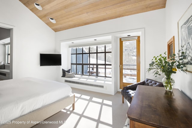 172 Deer Ridge Ln, Snowmass Village, CO 81615 - bedroom featuring access to outside, lofted ceiling, and wood ceiling