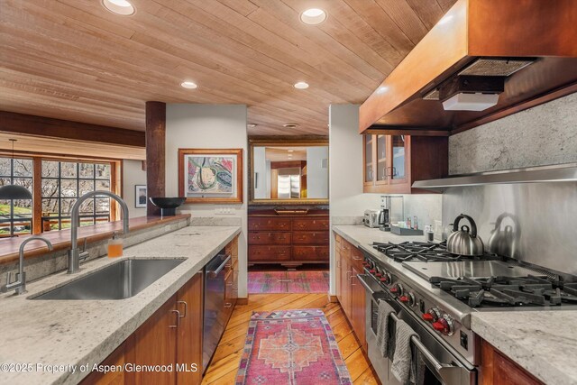 172 Deer Ridge Ln, Snowmass Village, CO 81615 - kitchen featuring stainless steel appliances, a sink, ventilation hood, recessed lighting, and light wood-style flooring