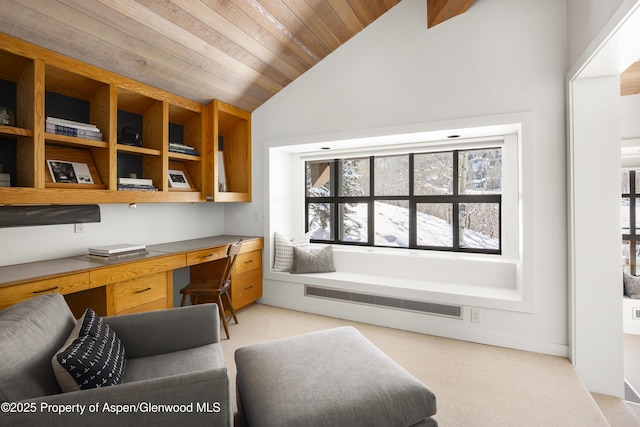 172 Deer Ridge Ln, Snowmass Village, CO 81615 - office space with built in desk, lofted ceiling, light carpet, and wooden ceiling