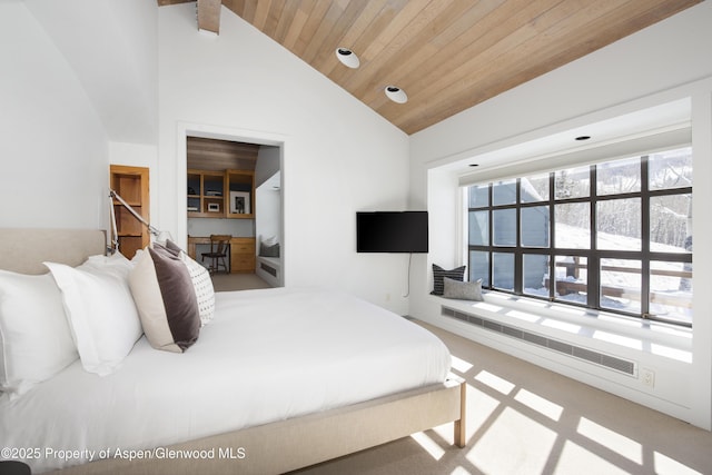 172 Deer Ridge Ln, Snowmass Village, CO 81615 - carpeted bedroom featuring wooden ceiling with exposed beams, high vaulted ceiling, radiator heating unit, and recessed lighting