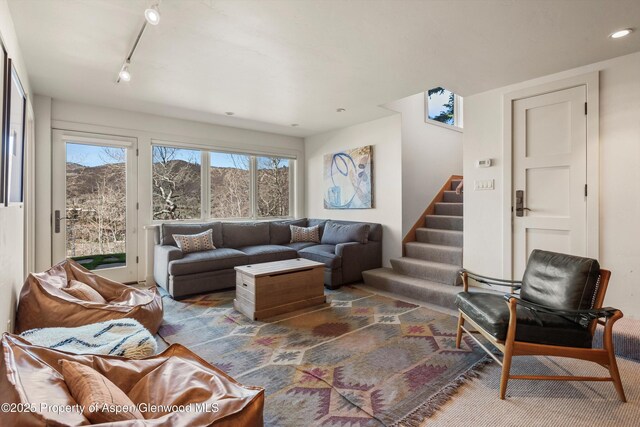 172 Deer Ridge Ln, Snowmass Village, CO 81615 - living area with stairs, rail lighting, and recessed lighting