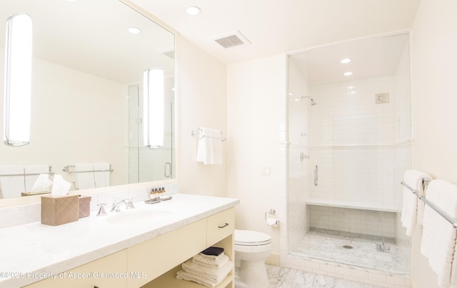 172 Deer Ridge Ln, Snowmass Village, CO 81615 - bathroom with vanity, a shower stall, toilet, marble look tiles, and recessed lighting