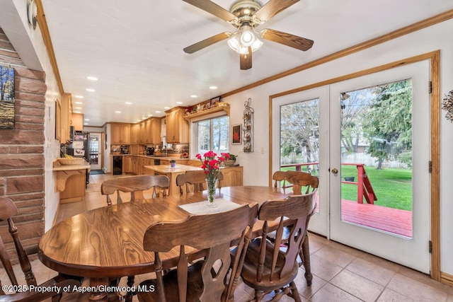 dining space featuring french doors, a ceiling fan, recessed lighting, and ornamental molding
