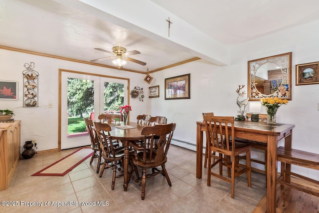 dining room featuring crown molding, a ceiling fan, baseboards, and light tile patterned floors