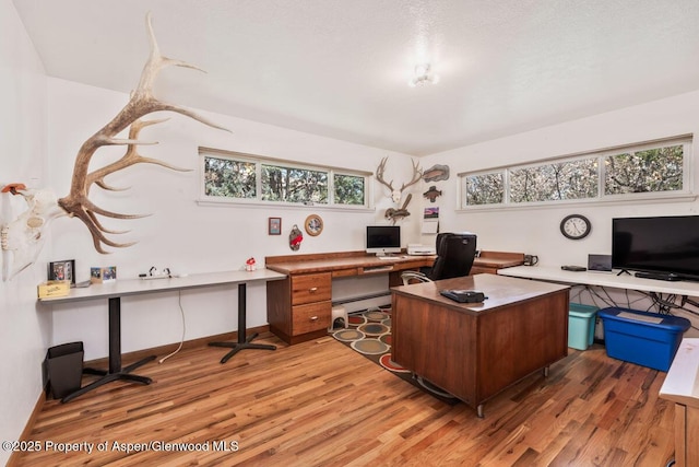 home office featuring light wood-style floors, baseboards, and baseboard heating
