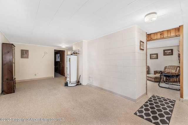 interior space with water heater, baseboards, and carpet