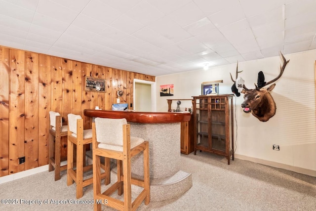bar with wood walls, light colored carpet, a dry bar, and baseboards