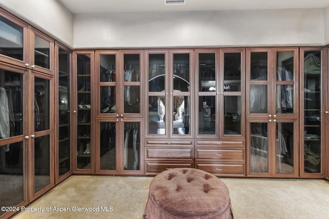 interior space featuring light colored carpet