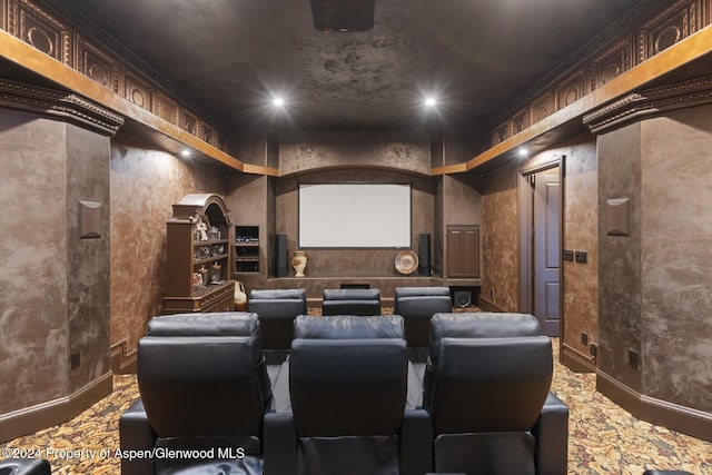 home theater featuring carpet floors