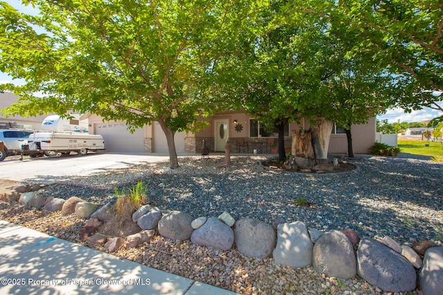 2939 Jon Hall Rd, Grand Junction, CO 81503 - view of property hidden behind natural elements with stone siding, concrete driveway, an attached garage, and stucco siding