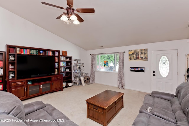 2939 Jon Hall Rd, Grand Junction, CO 81503 - living area with a ceiling fan, carpet flooring, and vaulted ceiling