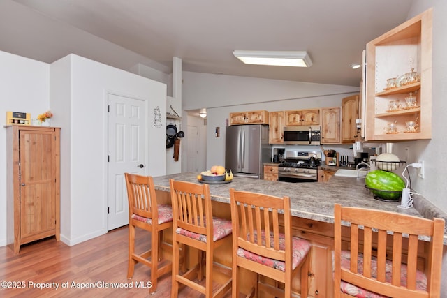 2939 Jon Hall Rd, Grand Junction, CO 81503 - kitchen featuring appliances with stainless steel finishes, lofted ceiling, light wood-style floors, a peninsula, and a breakfast bar