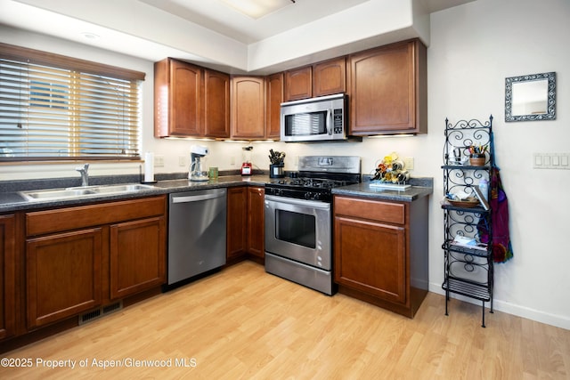 kitchen with stainless steel appliances, a sink, visible vents, light wood-type flooring, and dark countertops