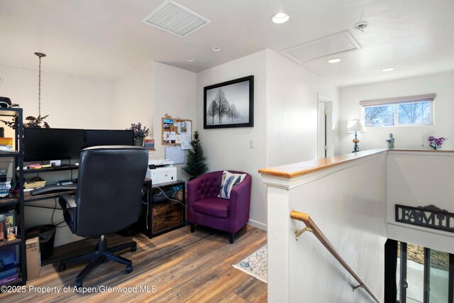 office with visible vents, wood finished floors, and recessed lighting