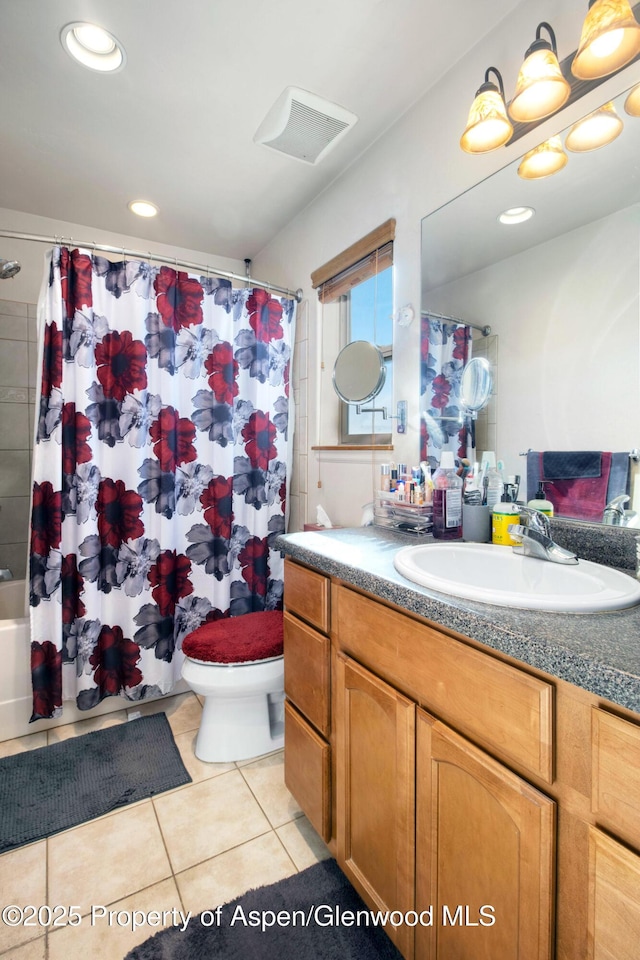 bathroom with recessed lighting, toilet, shower / bath combo with shower curtain, vanity, and tile patterned flooring