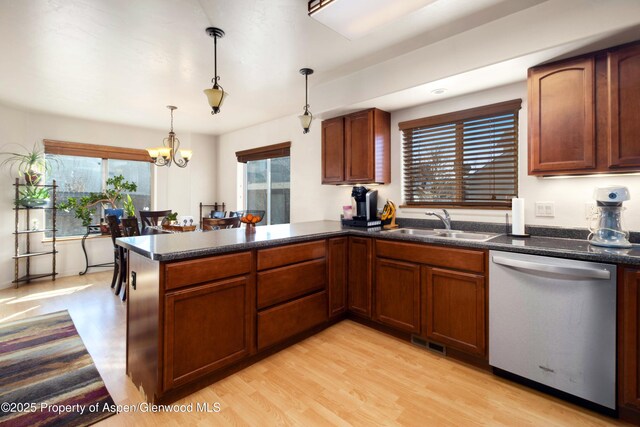 kitchen featuring pendant lighting, dark countertops, visible vents, dishwasher, and a peninsula