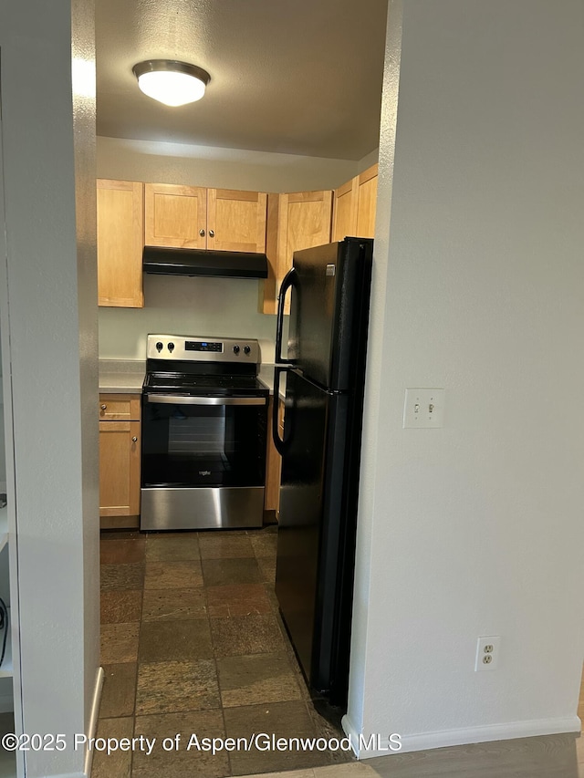 1527 Blake Ave Unit 201, Glenwood Springs, CO 81601 - kitchen with stainless steel electric range oven, freestanding refrigerator, under cabinet range hood, light brown cabinets, and dark stone finish flooring