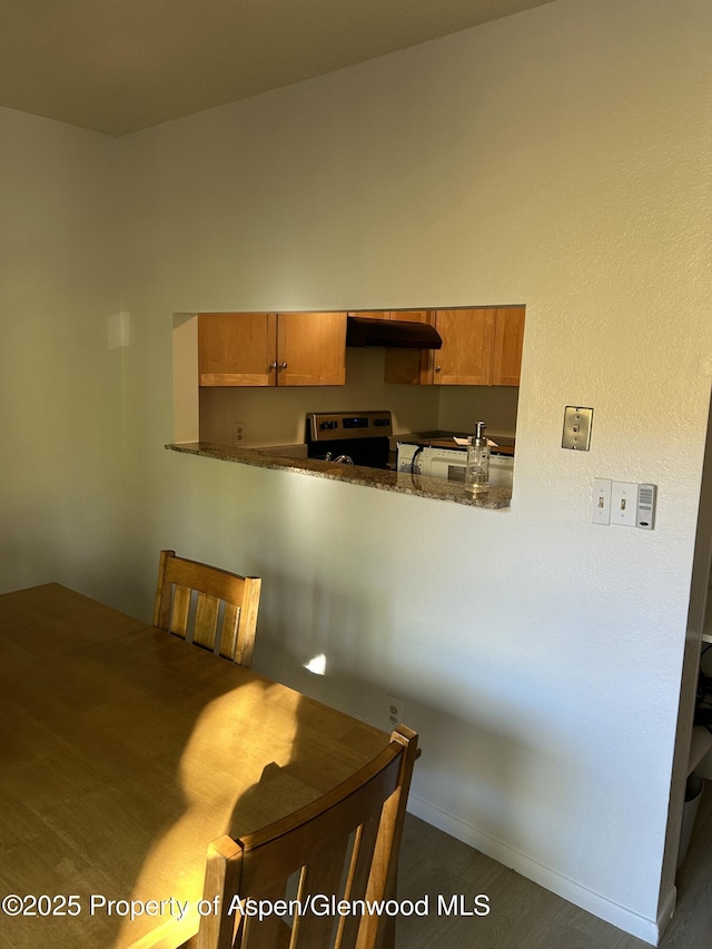 1527 Blake Ave Unit 201, Glenwood Springs, CO 81601 - kitchen featuring exhaust hood, range with electric stovetop, brown cabinets, and dark countertops