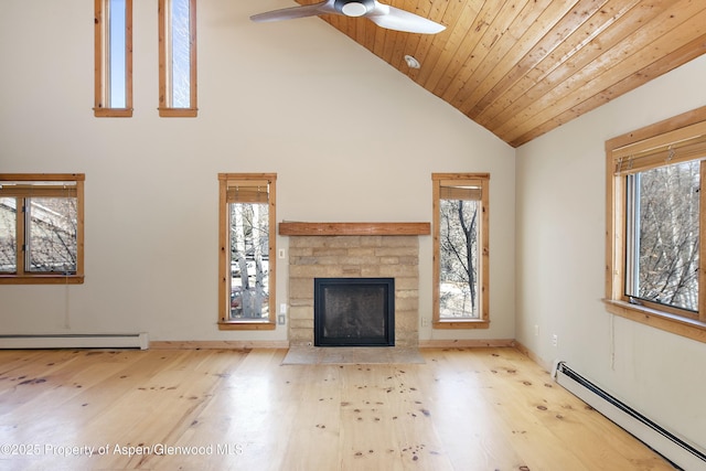 unfurnished living room with a baseboard radiator, wooden ceiling, and light wood-type flooring