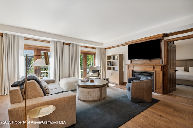 living room featuring a glass covered fireplace and wood finished floors