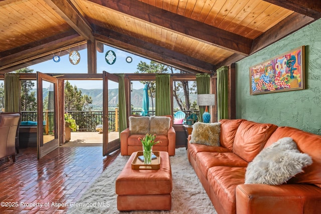 679 Pinon Dr, Basalt, CO 81621 - living room featuring a mountain view, wood ceiling, and brick flooring