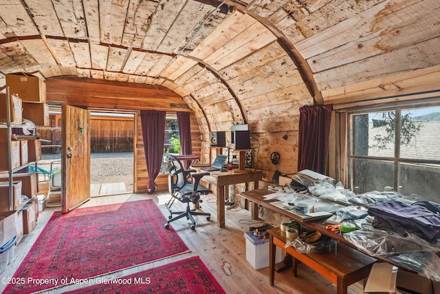 679 Pinon Dr, Basalt, CO 81621 - home office with vaulted ceiling, hardwood / wood-style floors, wooden walls, and wood ceiling