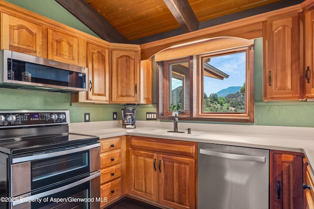 679 Pinon Dr, Basalt, CO 81621 - kitchen with stainless steel appliances, wooden ceiling, light countertops, and brown cabinetry