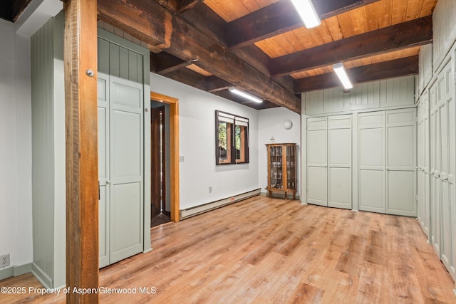 679 Pinon Dr, Basalt, CO 81621 - spare room featuring a baseboard heating unit, light wood-type flooring, and a wooden ceiling with exposed beams