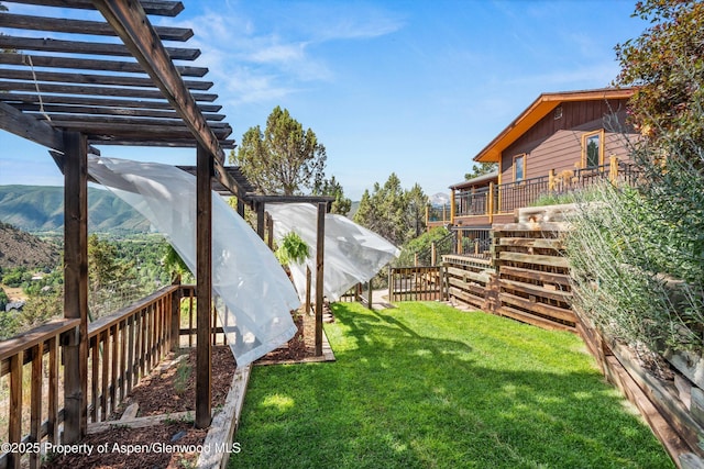 679 Pinon Dr, Basalt, CO 81621 - view of yard featuring a pergola, a mountain view, and stairway