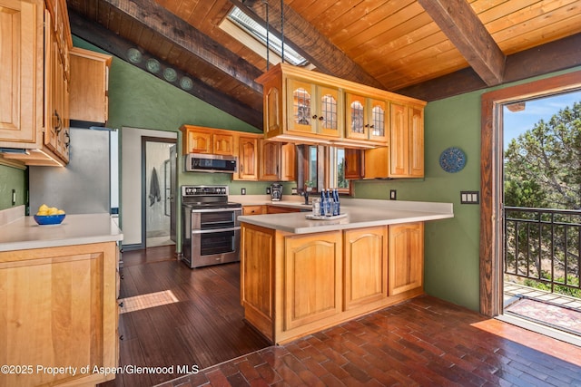 679 Pinon Dr, Basalt, CO 81621 - kitchen with stainless steel appliances, wood ceiling, a peninsula, light countertops, and glass insert cabinets