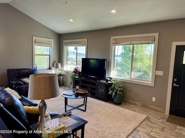 living room featuring vaulted ceiling